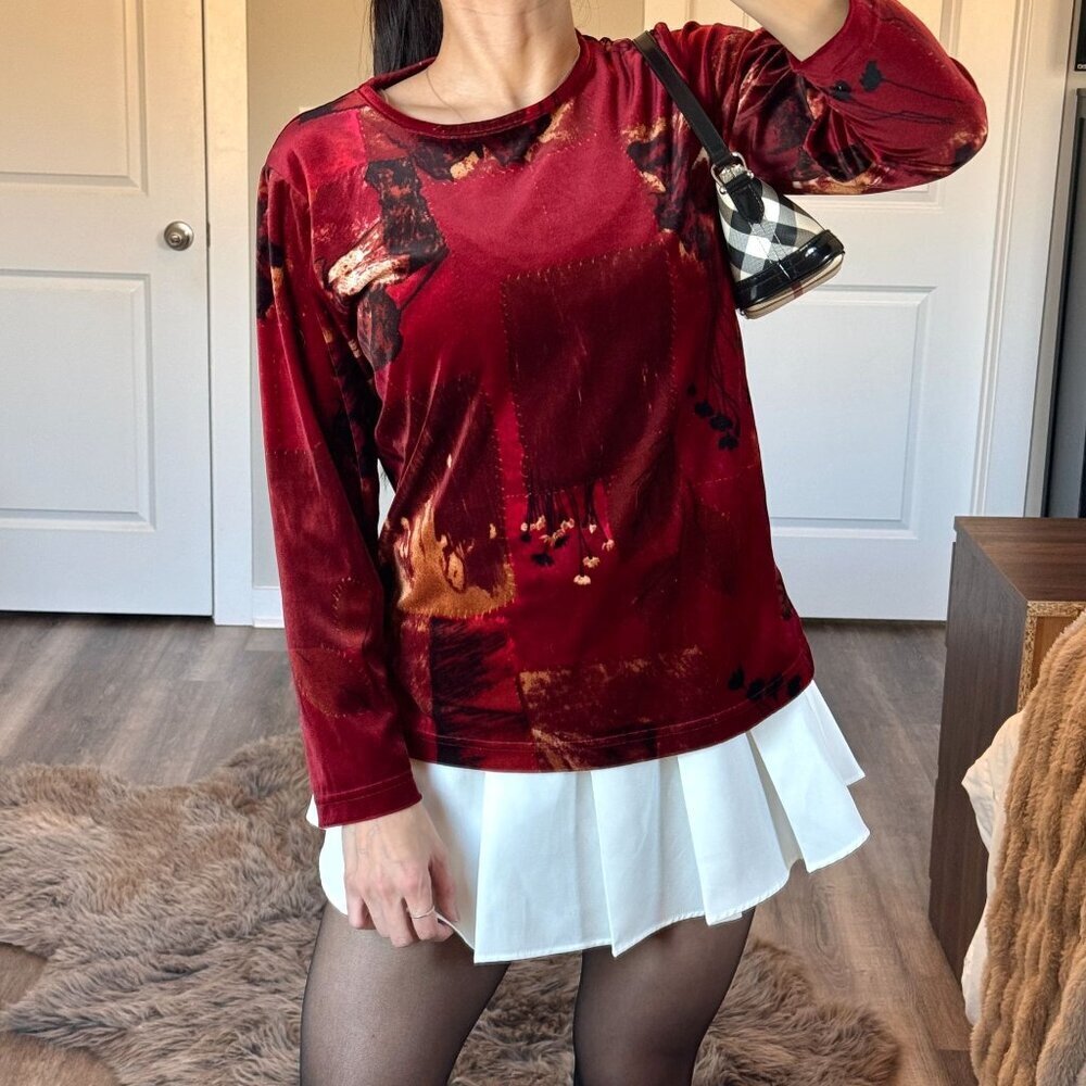 Vintage Y2K Red Patchwork Velour Top Grunge Indie Long Sleeve Romantic Moody PM
